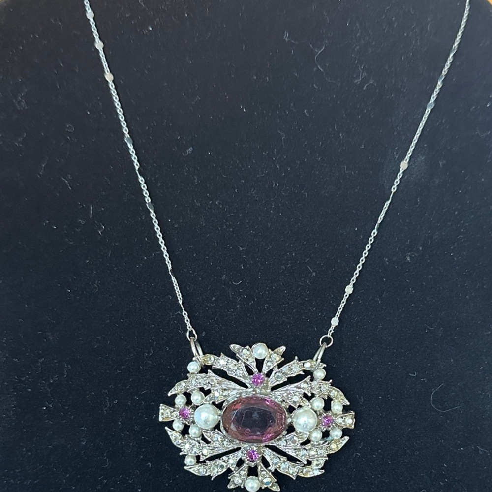 Repurposed ART/Arthur Pepper Silver-Tone Brooch Necklace with Purple & Pearl